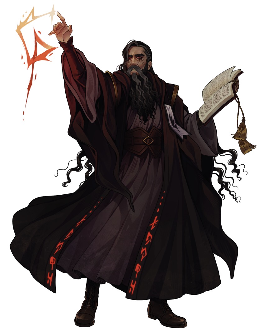 A dark wizard with long, gray hair, a thick beard, and glowing eyes, dressed in a black robe with red glowing symbols, holding a glowing magical staff in one hand and an open ancient book in the other.