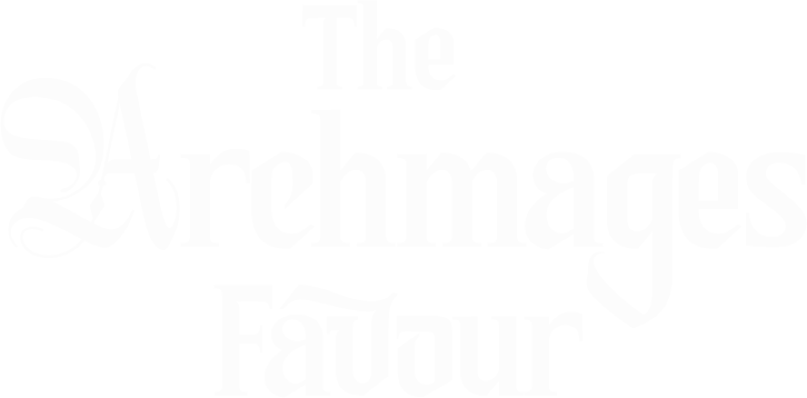 Text reading 'The Archmages Favour' with stylized gothic font on a black background.
