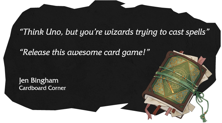 Quote about wizards and spell casting, plus a stacked deck of illustrated cards tied with a green ribbon, set against a dark background.