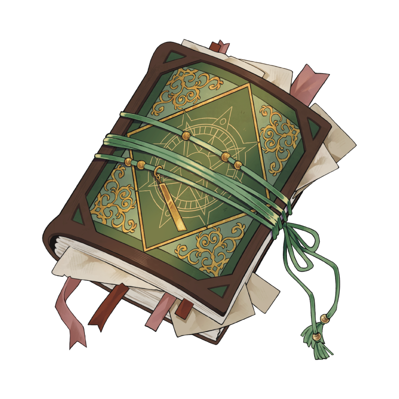 Illustration of a decorative green and gold pocket map with a compass rose, tied with a green ribbon, resting on an open book with ribbon bookmarks.