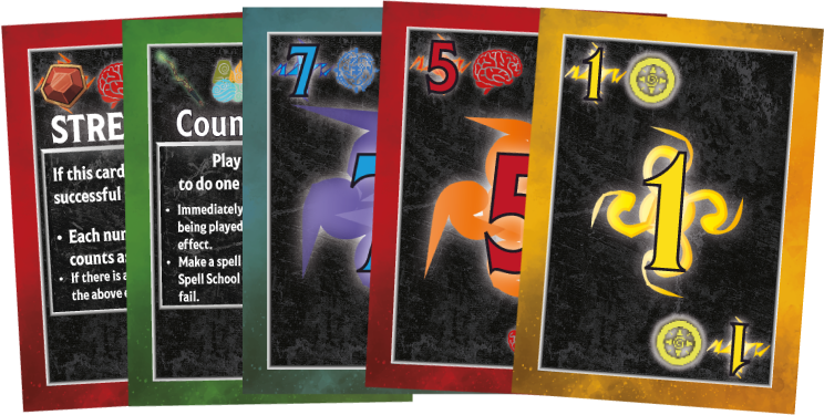 A set of colorful cards from a game, each with different numbers and designs, including red, green, blue, orange, and yellow cards.