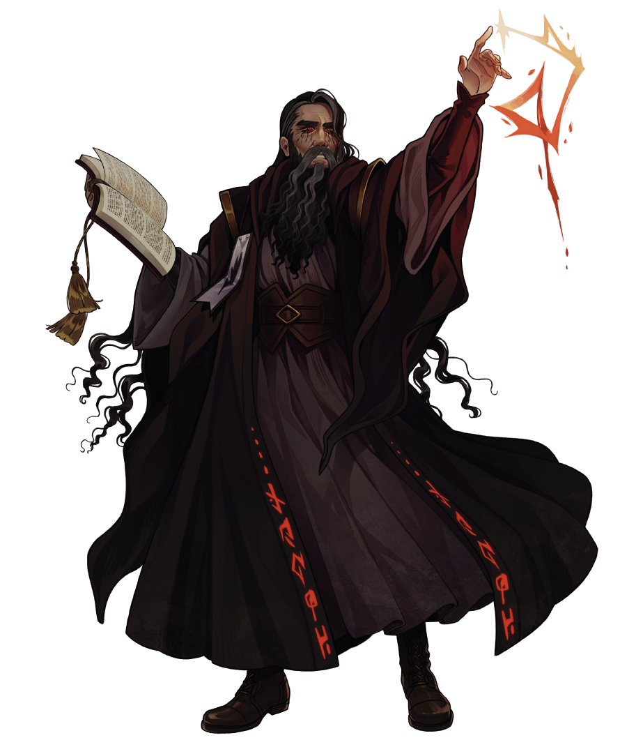 A dark wizard with long gray hair and beard, wearing a dark robe with glowing red runes, holds an open book and reaches out with his right hand, conjuring glowing red magic.