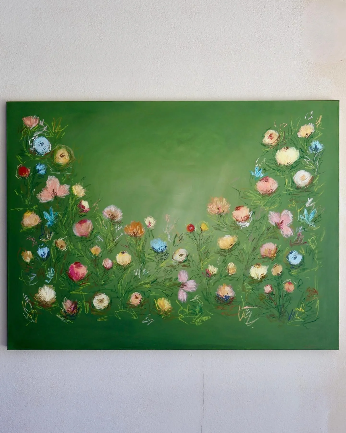 Commission for @annabellejefferies 🧚
36&rdquo; x 48&rdquo; canvas. 
We paired a calming green with vibrant designs to bring Annabelle&rsquo;s dreamy vision to life. She also requested a couple fairies to add to the playful vibe, so I sprinkled a few