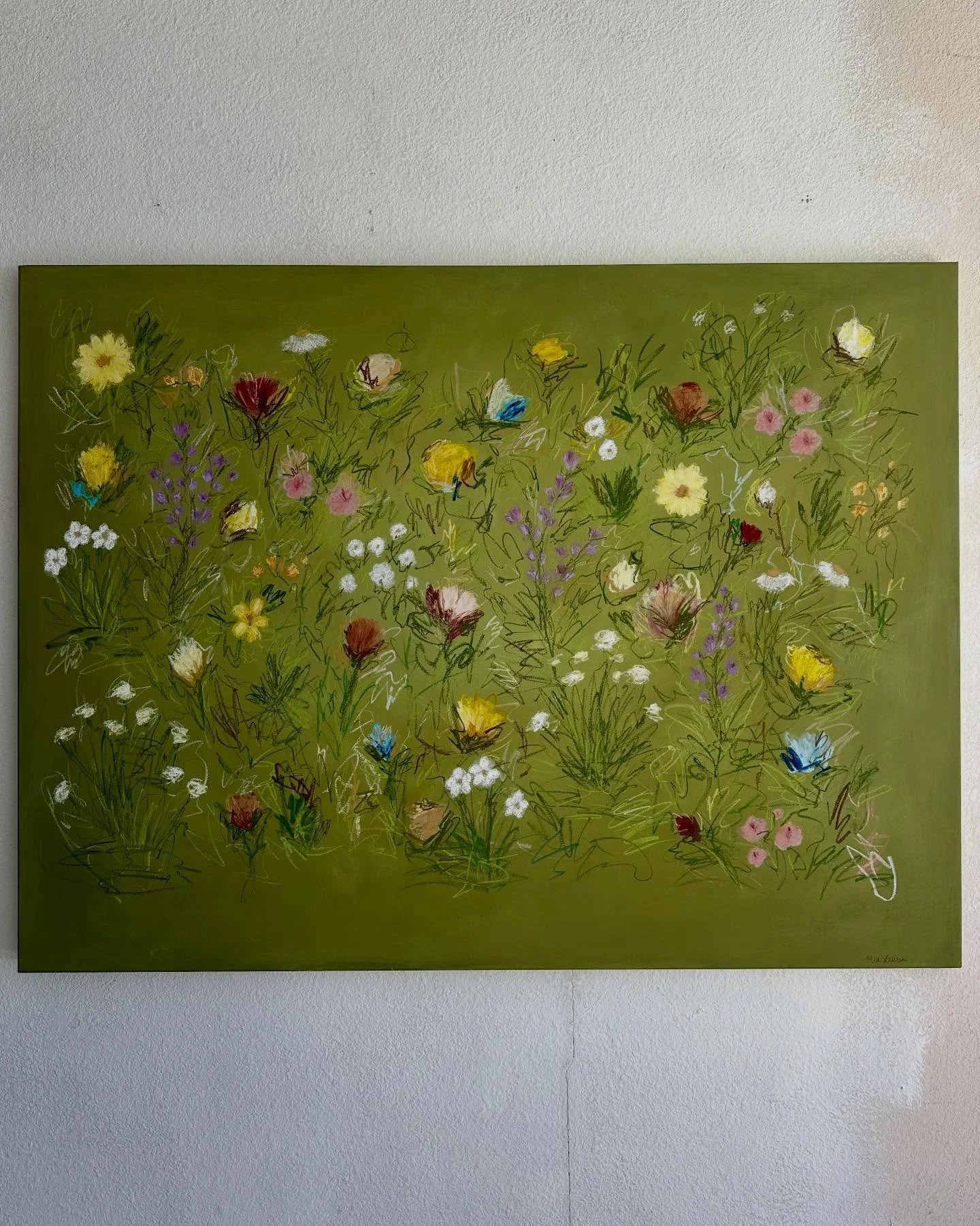 Inspired by Ski Lake, a hike in Jackson Hole, that was her first date with her partner. We incorporated lots of lush greenery, pops of color, and little wildflowers throughout to recreate their special scene!
36&rdquo; x 48&rdquo; canvas. 
Commission