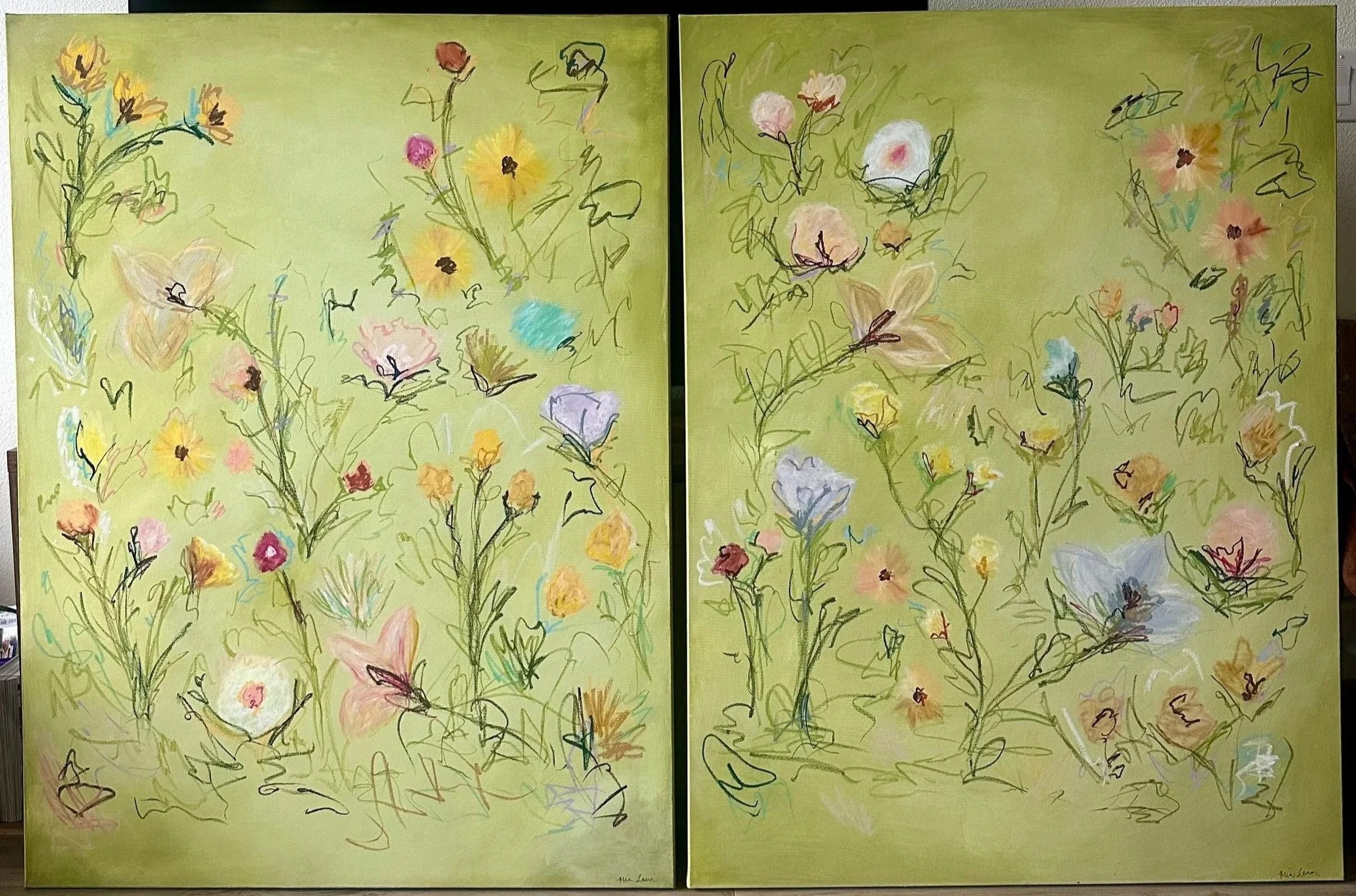 Pair of 48" x 36", acrylic, oil pastel 2025