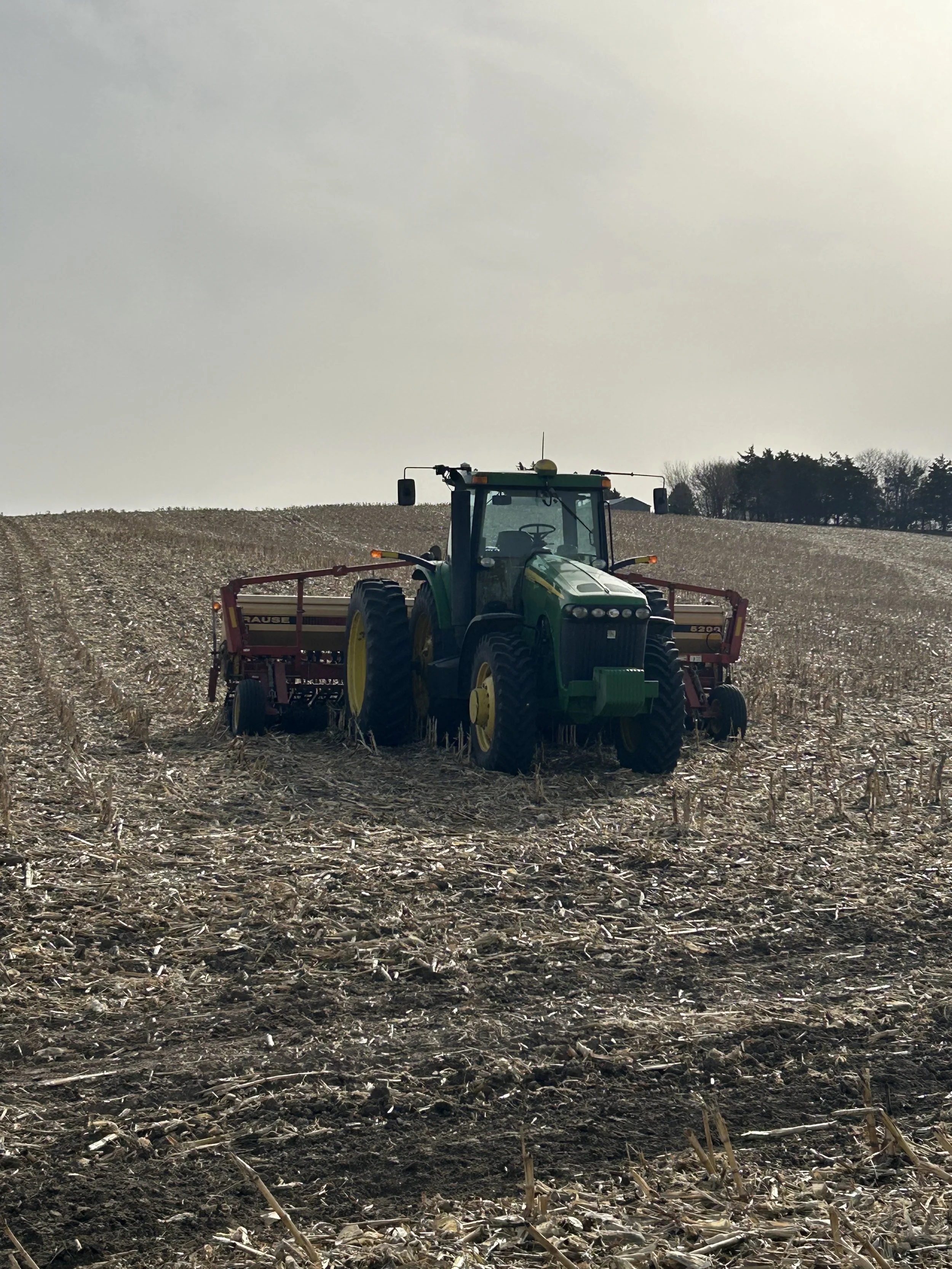This is the tractor and grain drill we use to plant the cover crops. We are planting on Loyals in the picture.