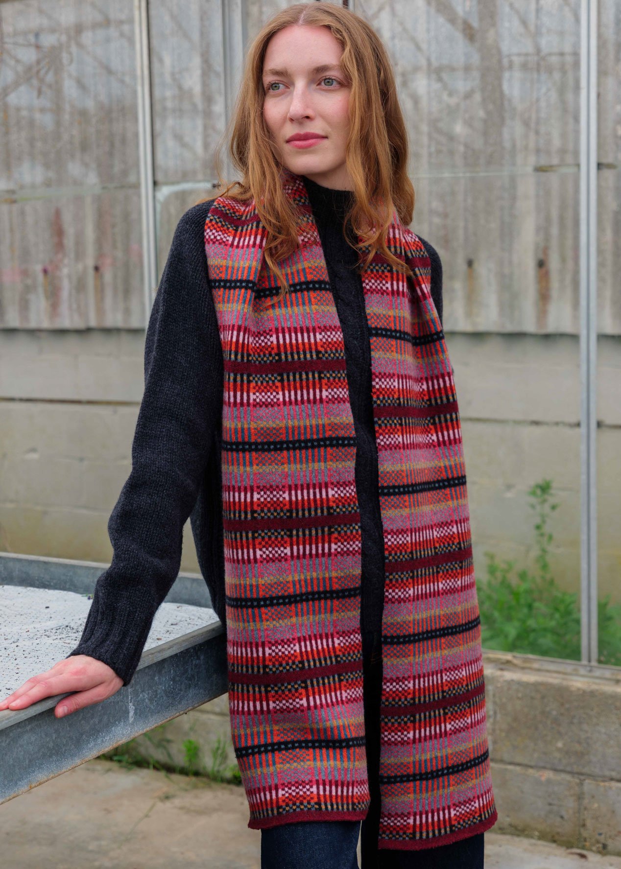 Gweni-Gwyllt-Modern-Tarten-Scarf.in.forest.jpg