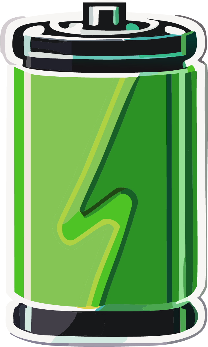 Illustration of a green and black battery with a lightning bolt symbol on it.