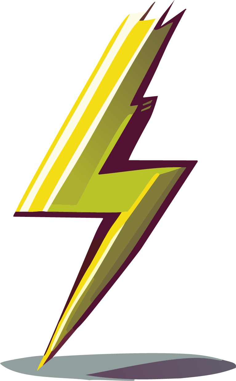 A stylized lightning bolt in yellow and purple with shadow, casting a shadow on the ground.