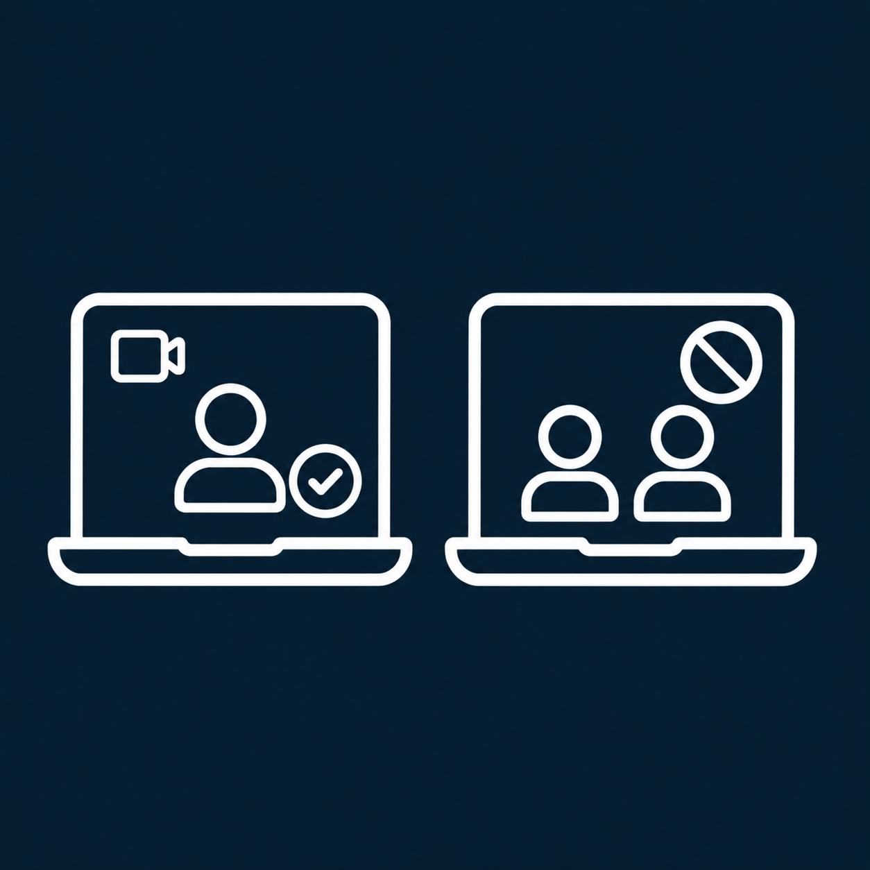 Icone di due laptop, uno con un'icona di videoconferenza e un segno di accordo, l'altro con due persone e un simbolo di divieto, che rappresentano le funzioni di partecipazione e limitazione in una videochiamata.