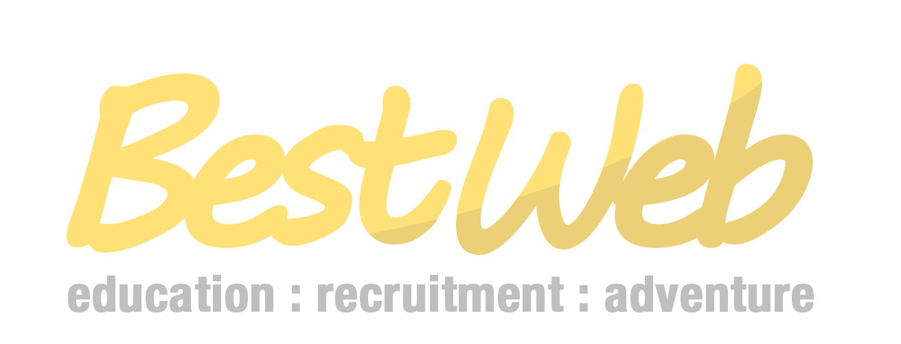 Logo for BestWeb with the tagline 'education : recruitment : adventure' in gray font below in a simple, clean design