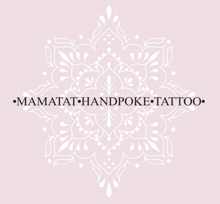 Decorative pink background with a white mandala pattern and the text 'MAMATAT HANDPOKE TATTOO' in bold black letters.