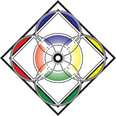 Color wheel with red, yellow, green, and blue sections inside a white diamond shape.