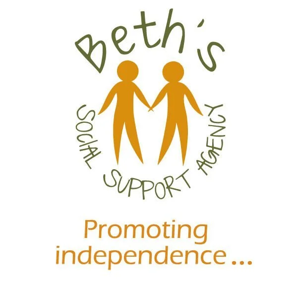 Logo with two orange figures holding hands, encircled by green text reading 'Beth's Social Support Agency,' and below in orange text, 'Promoting independence...'.
