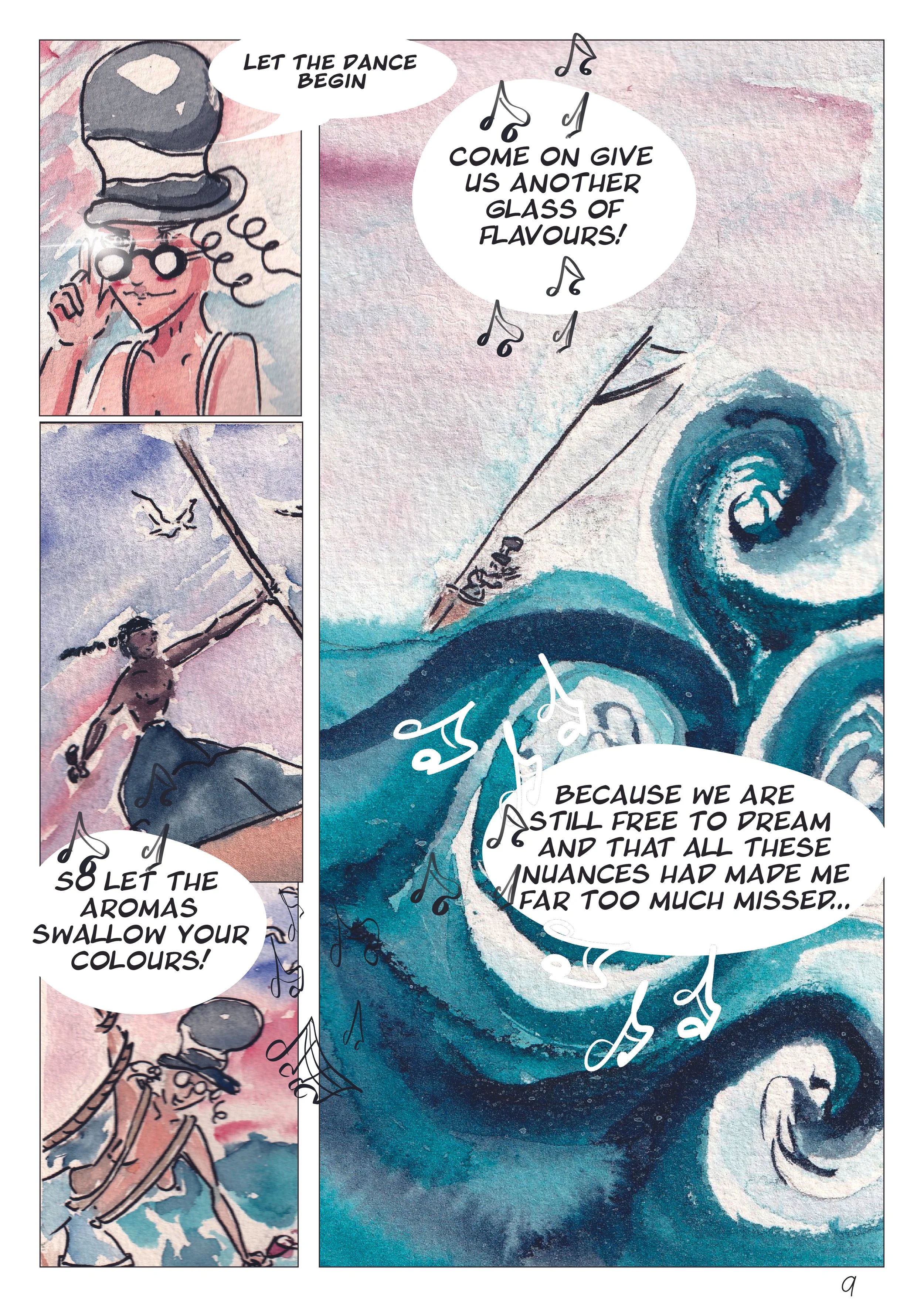 Page de bd sur le thème de la Chanson L'âme du Vin Vivant, écrit par Elsa Prevost, réalisé pour Oxford Brookes University.