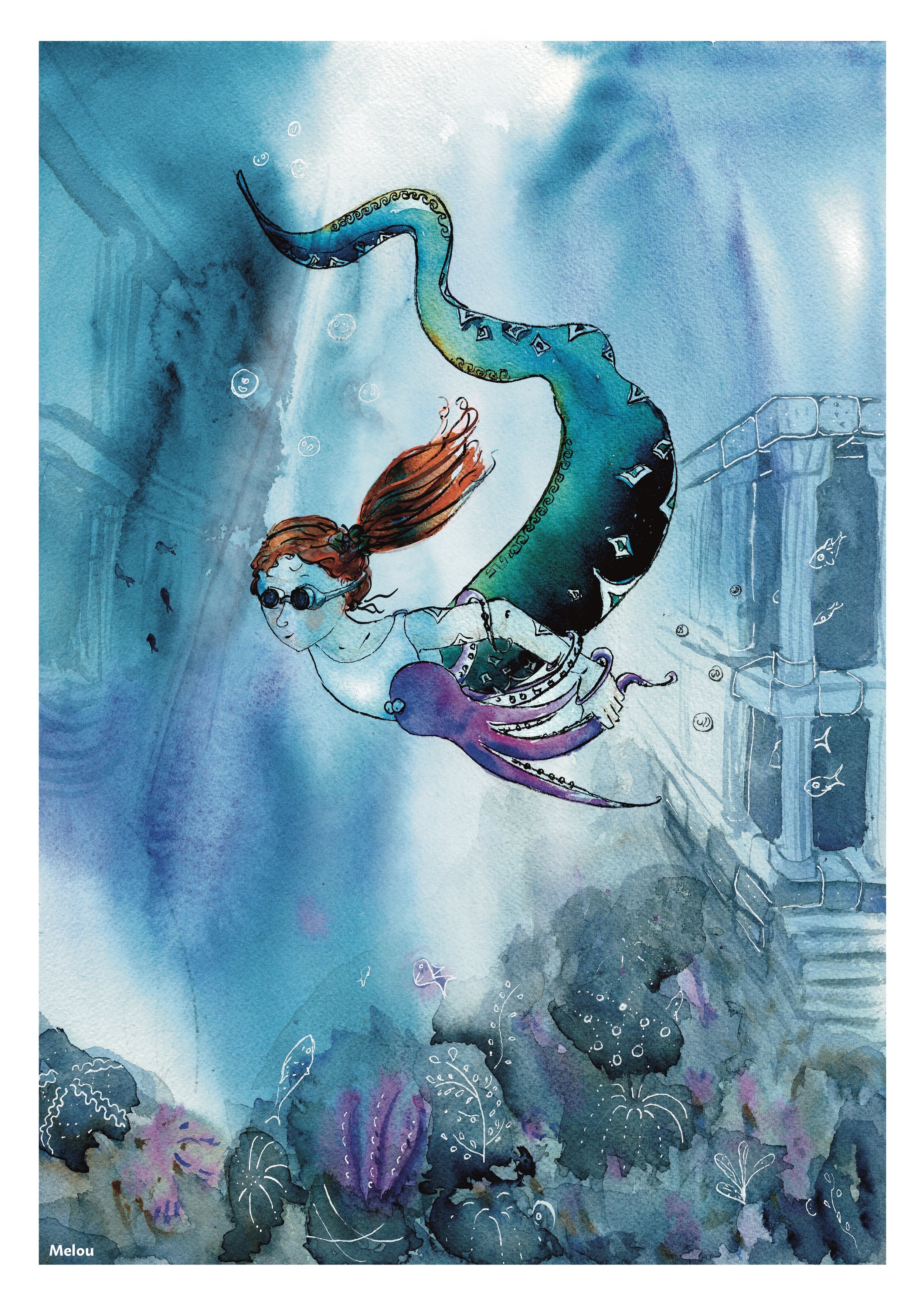 Toto, issue de l'union de Medusa avec la déesse paienne Sheelah Na Gig, fuyant l'Ile de Lesbos avec Madame Poulpe, illustration for Oxford Brookes University, print A3