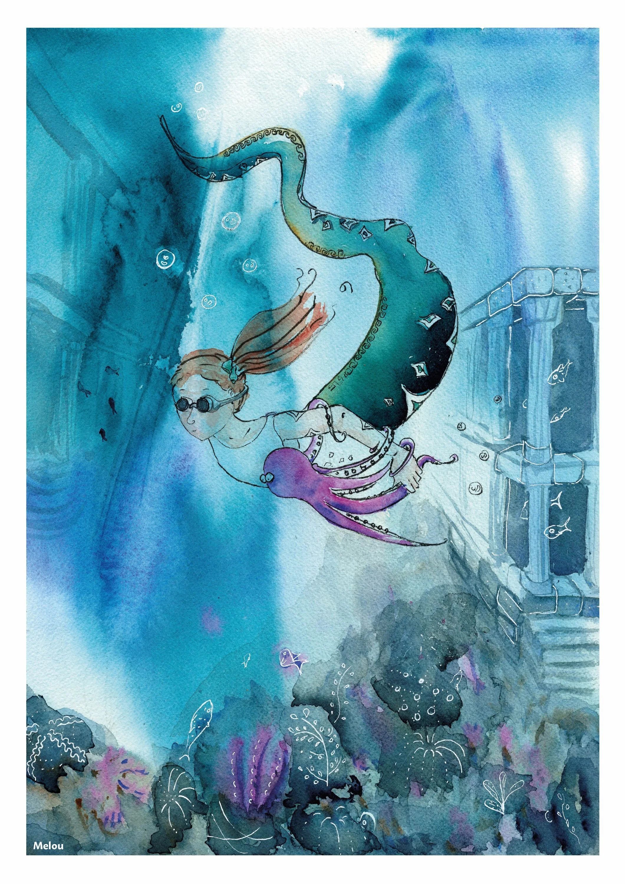 Medusa's daughter with her best friend Octopus  (illustration for Oxford Brookes University)