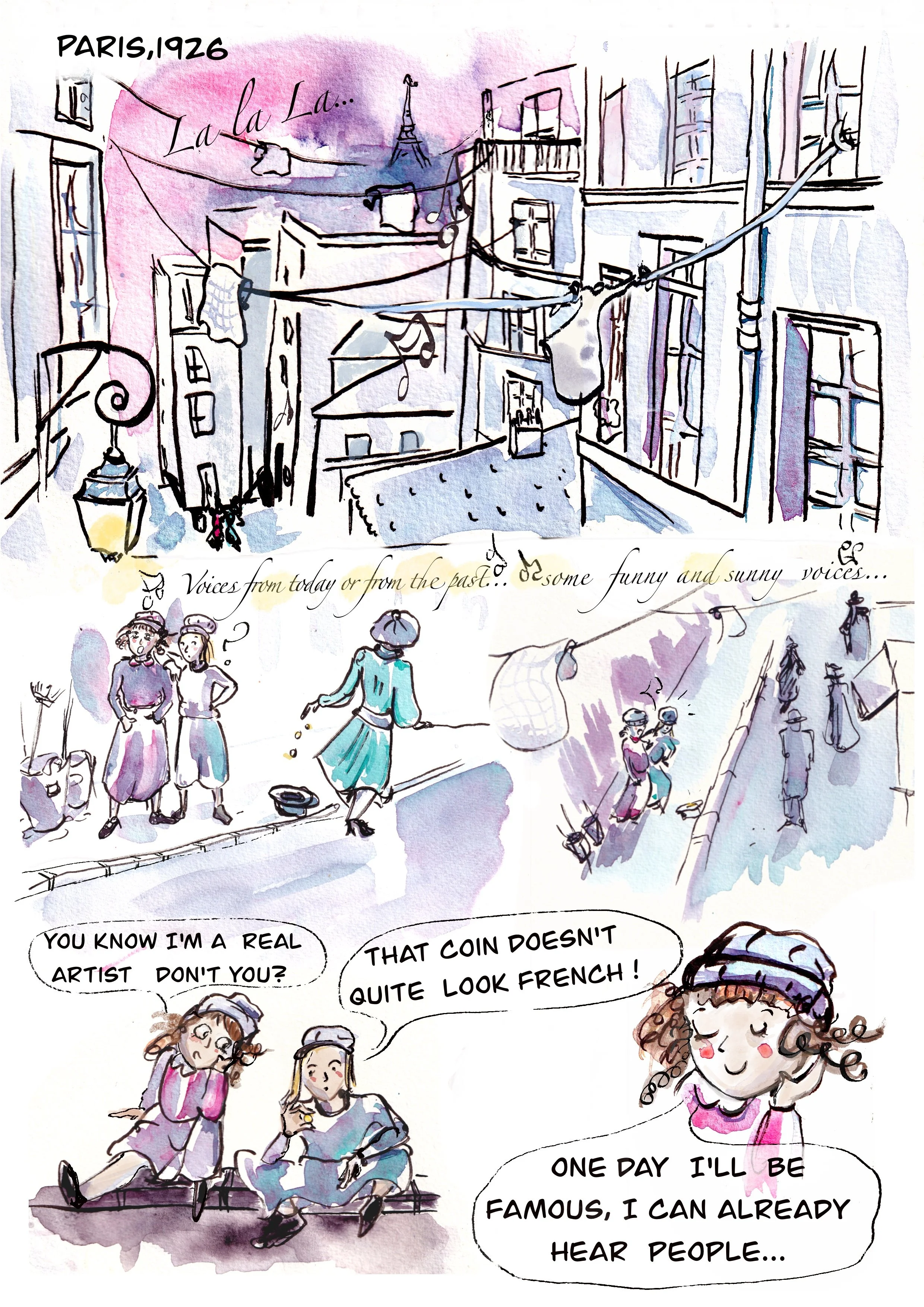 Young Edith Piaf dreaming, graphic novel for It's Me agency