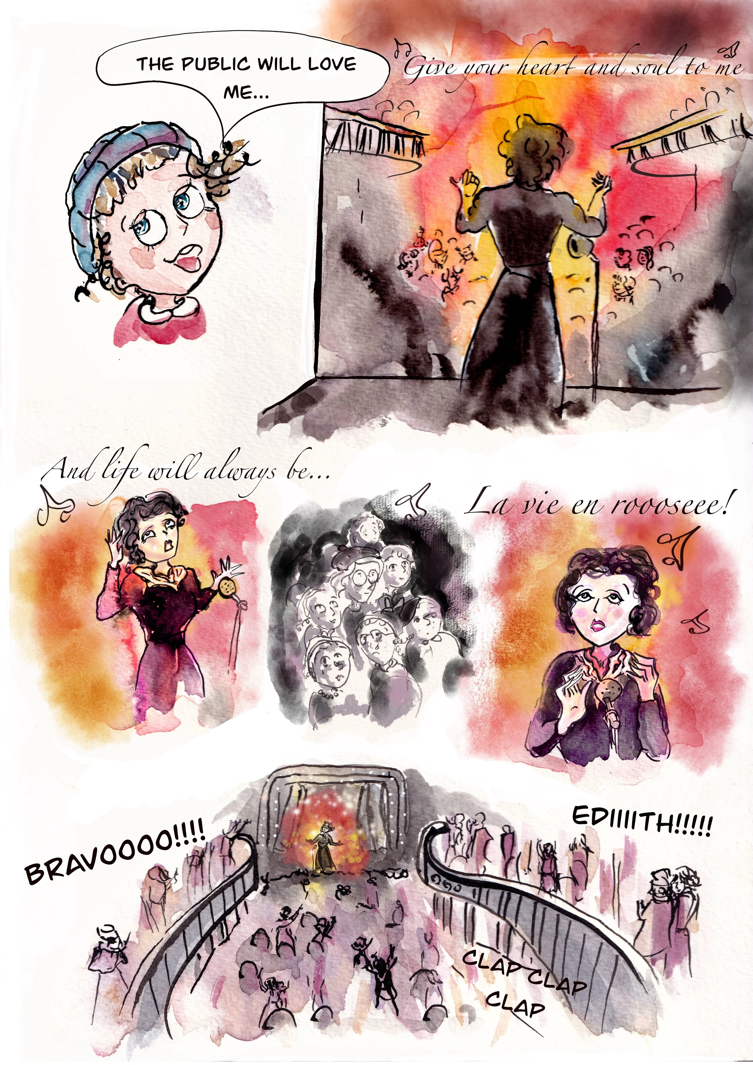 Illustration and design for Edith Piaf comic, Watercolour and Procreate