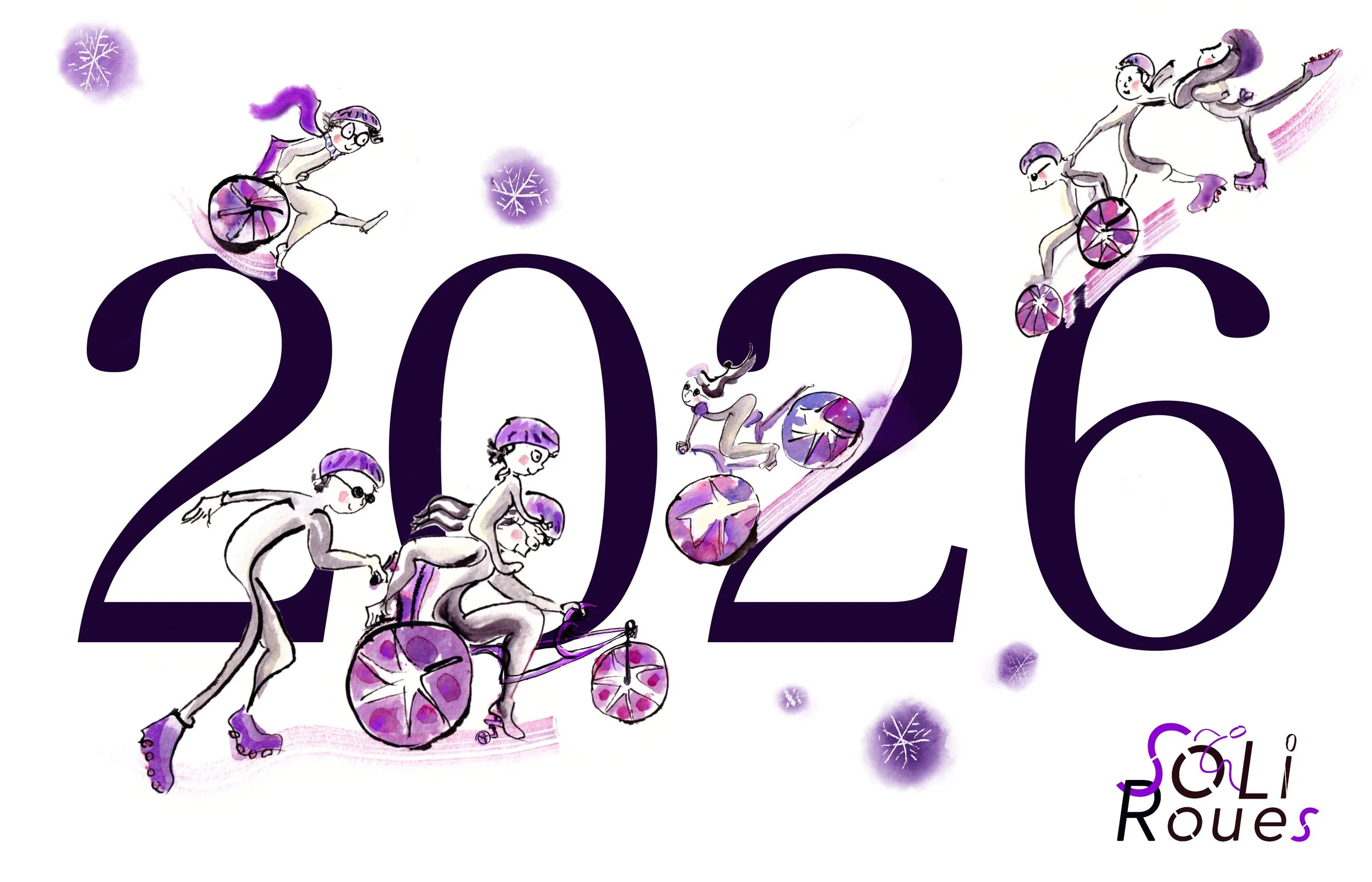 Front and back Happy new year postal card for the parisian organisation Soliroues that supports sport, inclusiveness and fun in Paris'streets