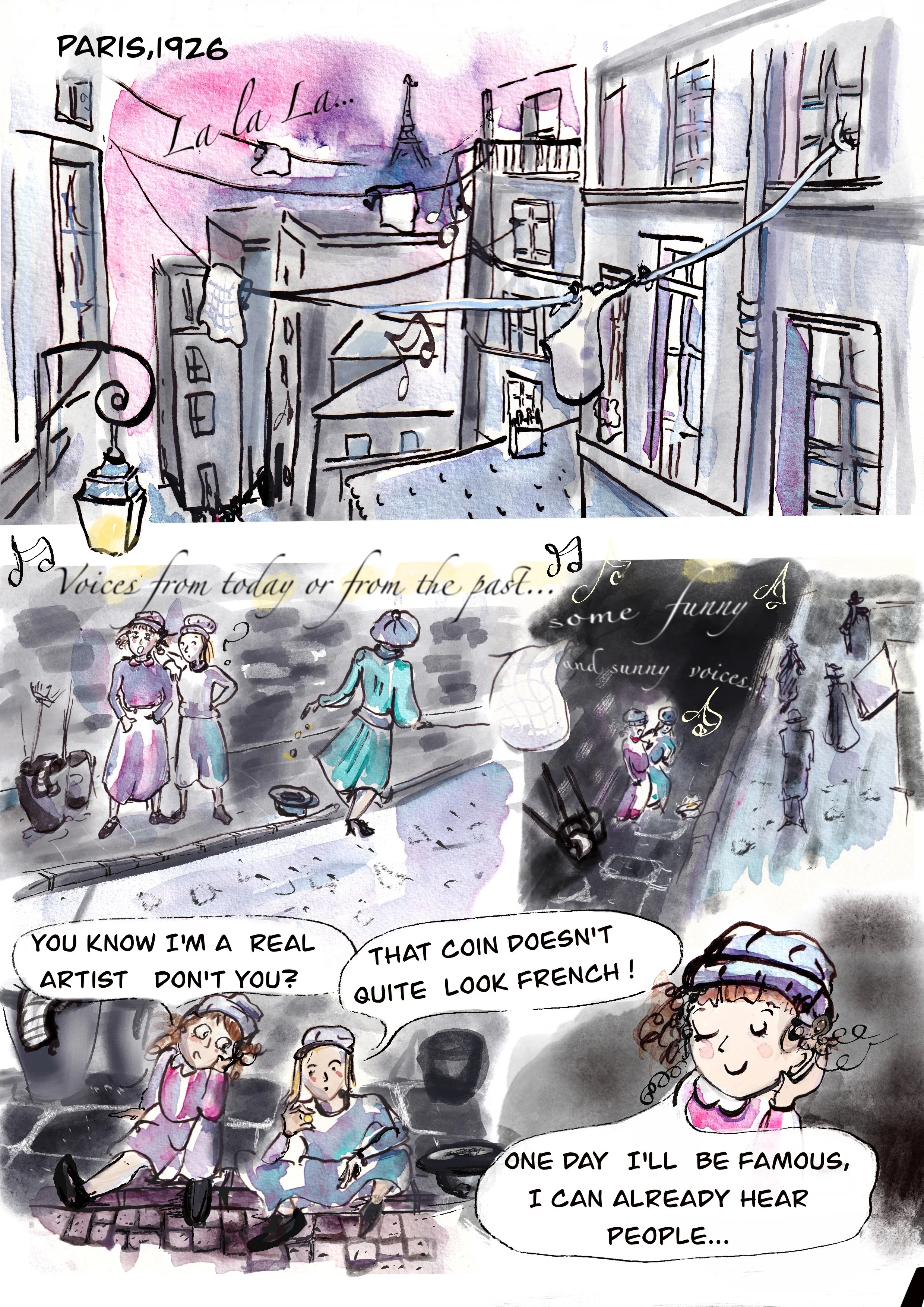 Illustration and design for Edith Piaf comic, Watercolour and Procreate