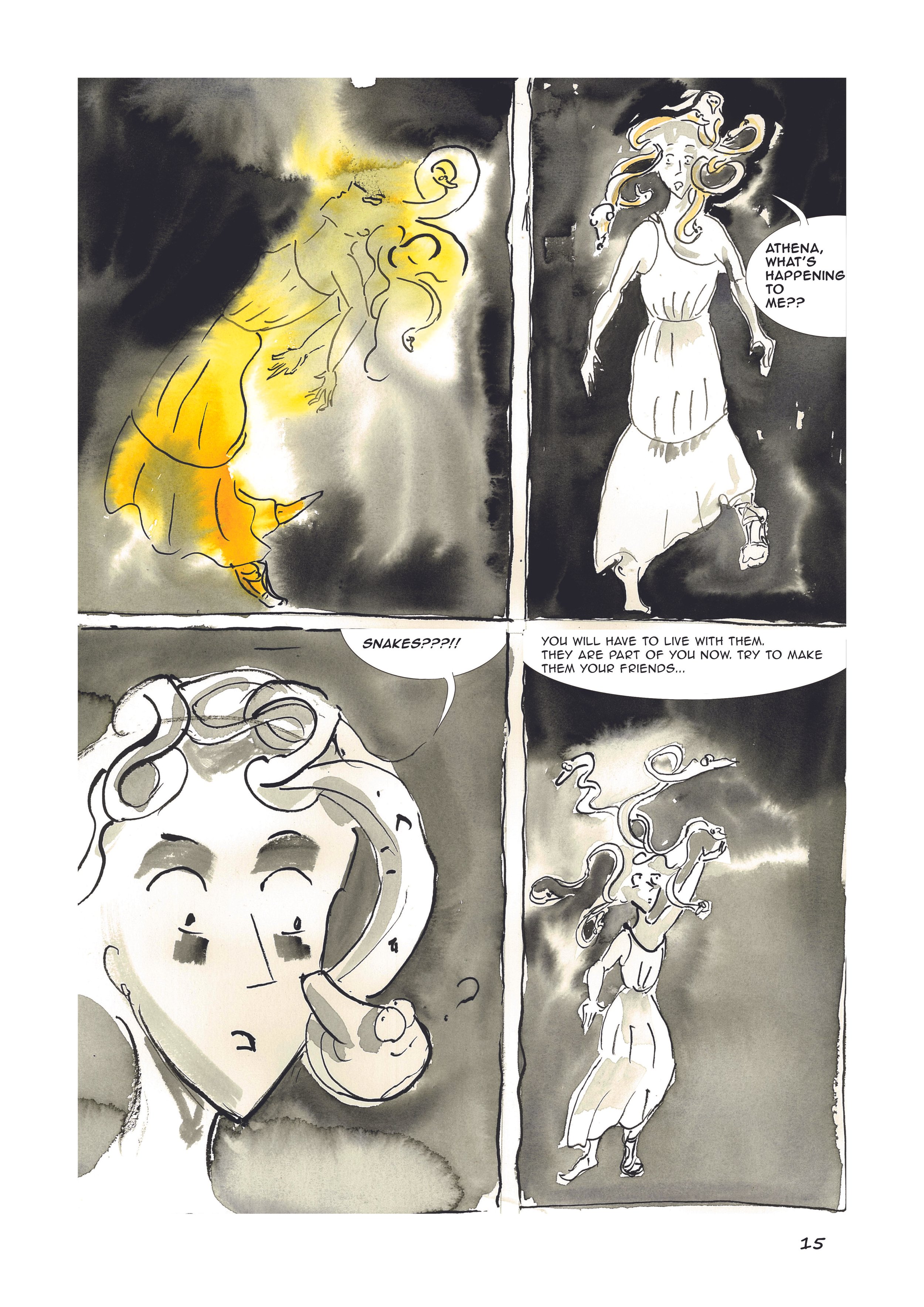 Page d'une bd proposant une version plus contemporaine de l'histoire de Medusa