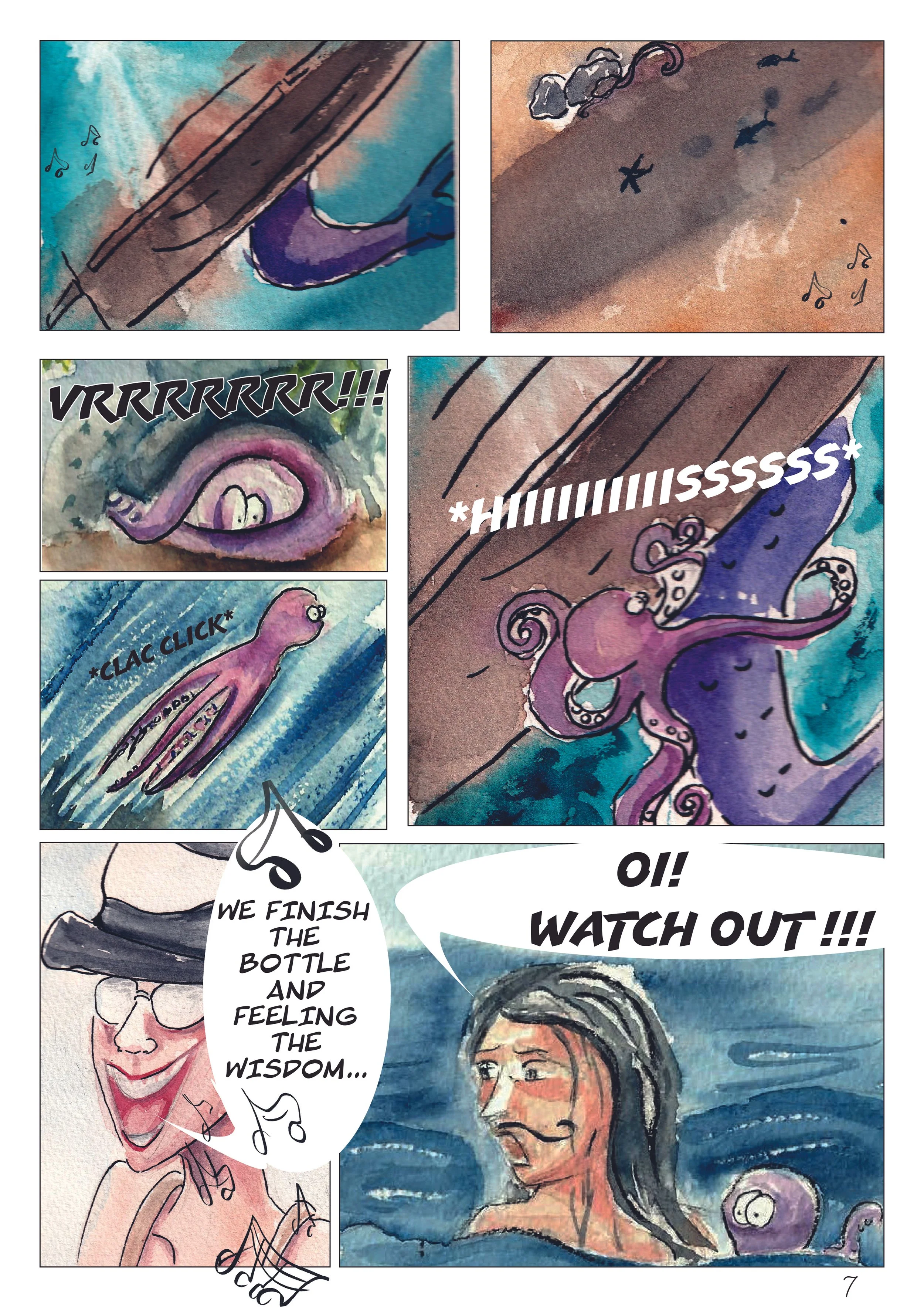 Page de bd sur le thème de la Chanson L'âme du Vin Vivant, écrit par Elsa Prevost, réalisé pour Oxford Brookes University.