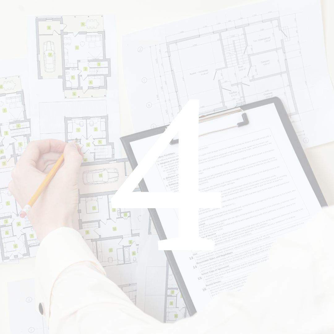 Architectural plans being reviewed, person holding pencil, clipboard with documents, large number 4 overlay.