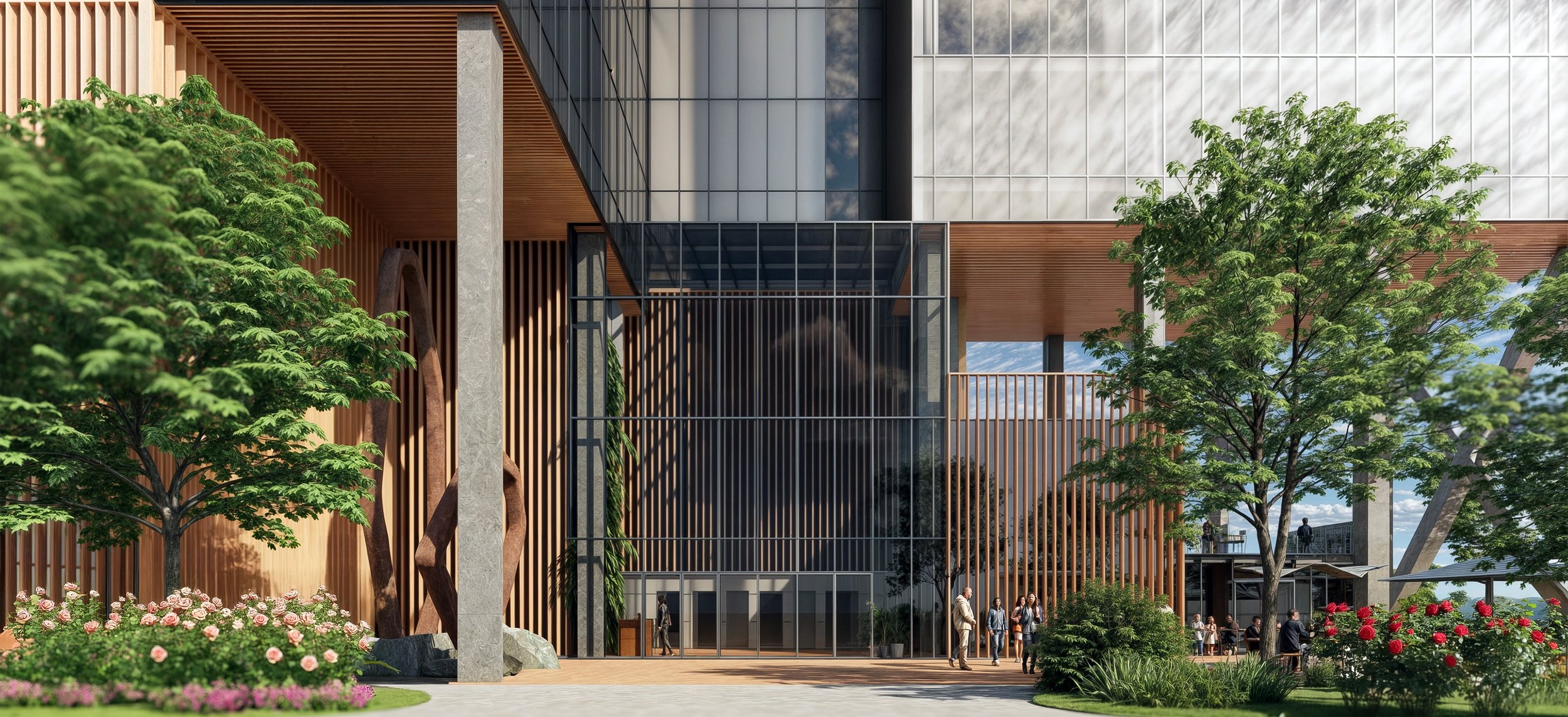 Modern building entrance with large glass facade, wooden slats, and landscaped garden including trees and flowers. People walking nearby.