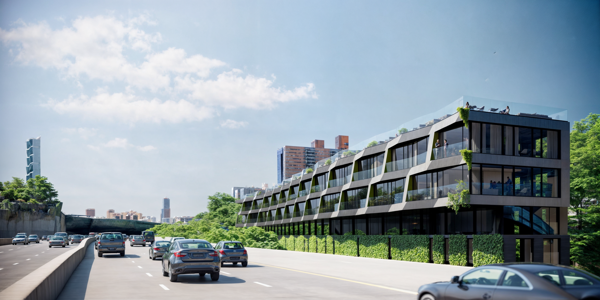 Modern building next to highway with cars, featuring large windows and greenery, surrounded by trees and city skyline in the background, under a blue sky.
