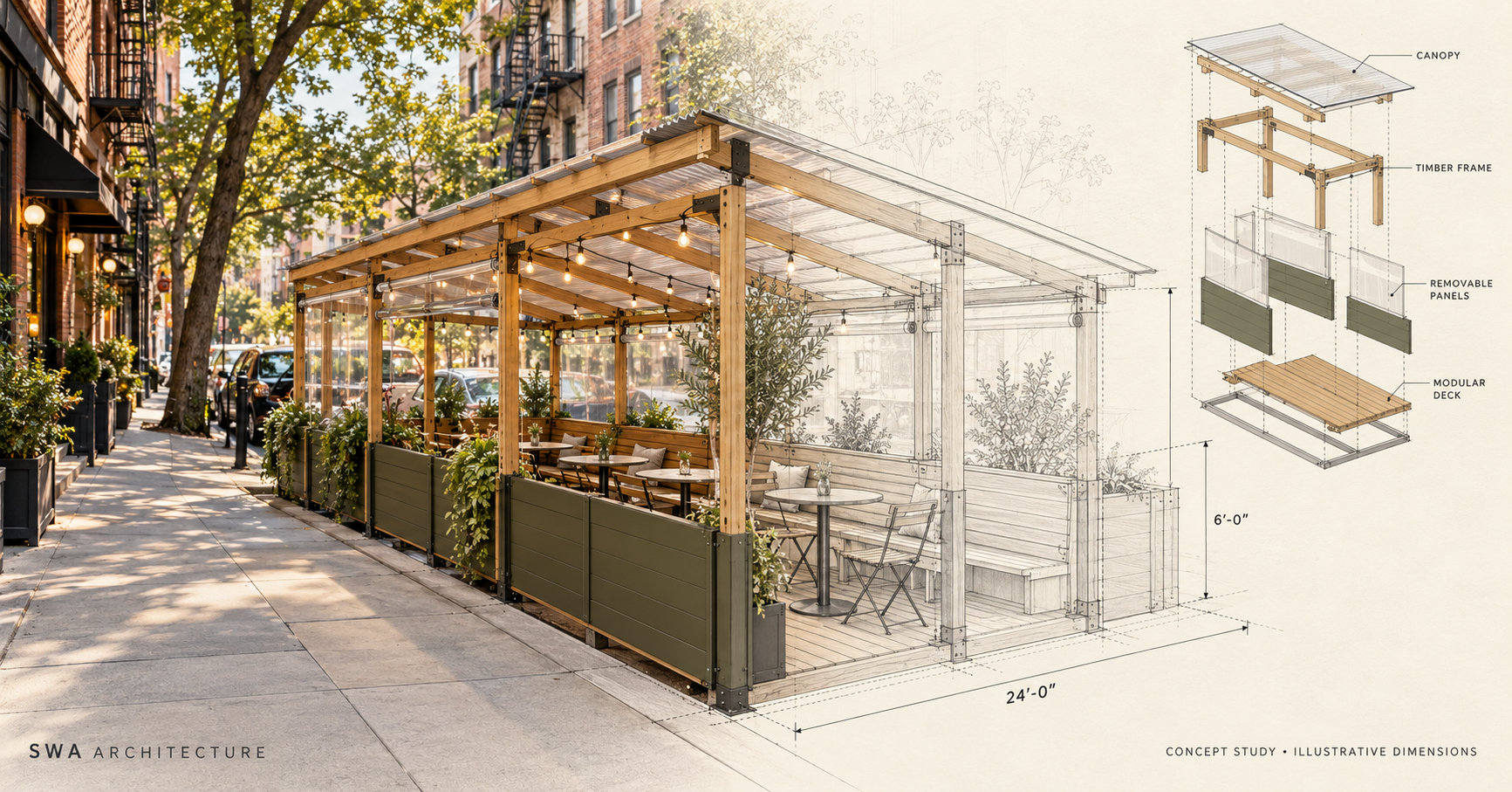 New York City year-round roadway café design concept with architectural plans, NYC Roadway Cafe, NYC RWC, SWA Architecture.