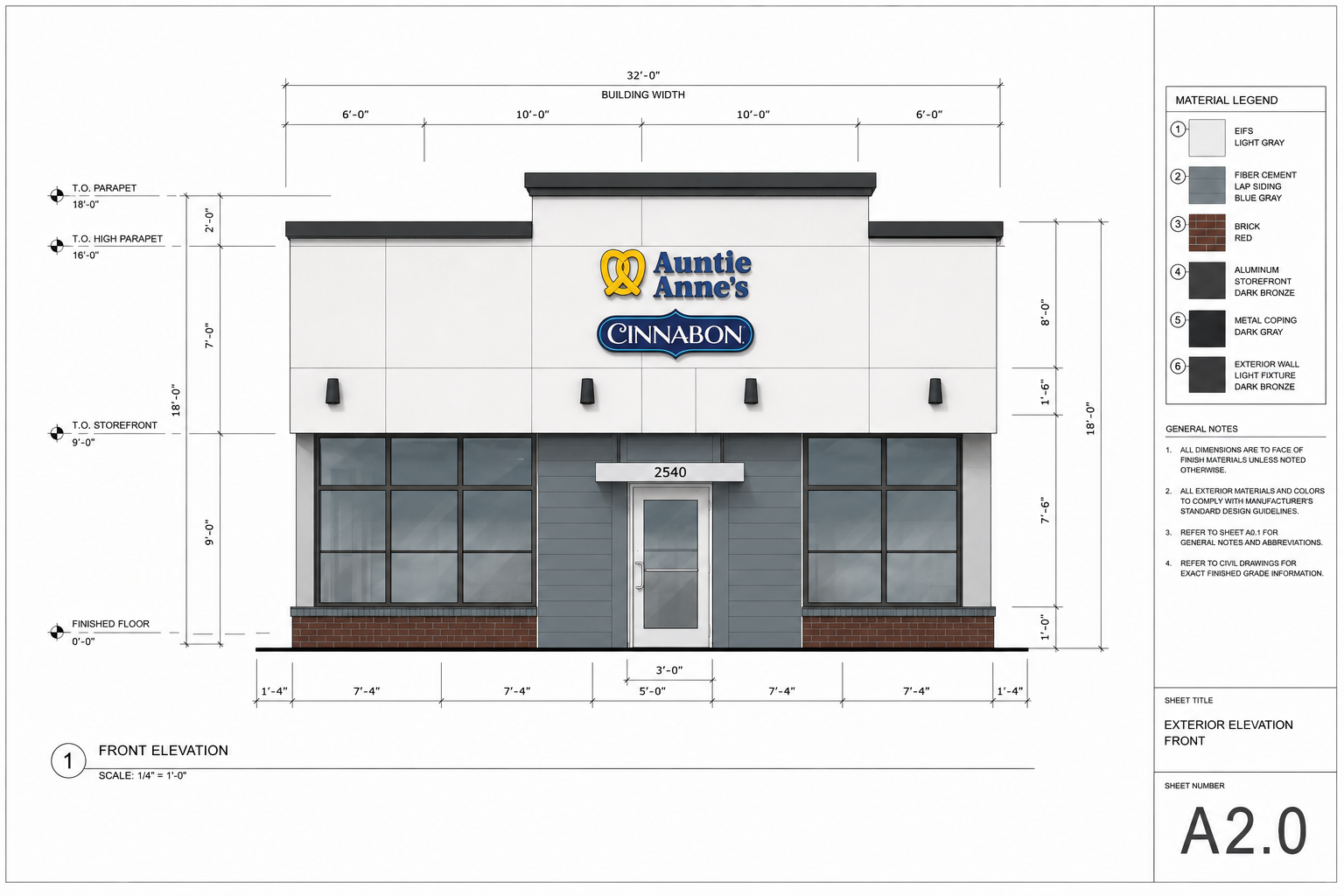 A photo of a storefront on an Architectural Plan Set, showing dimensions and details typical to Architectural Franchise Drawings