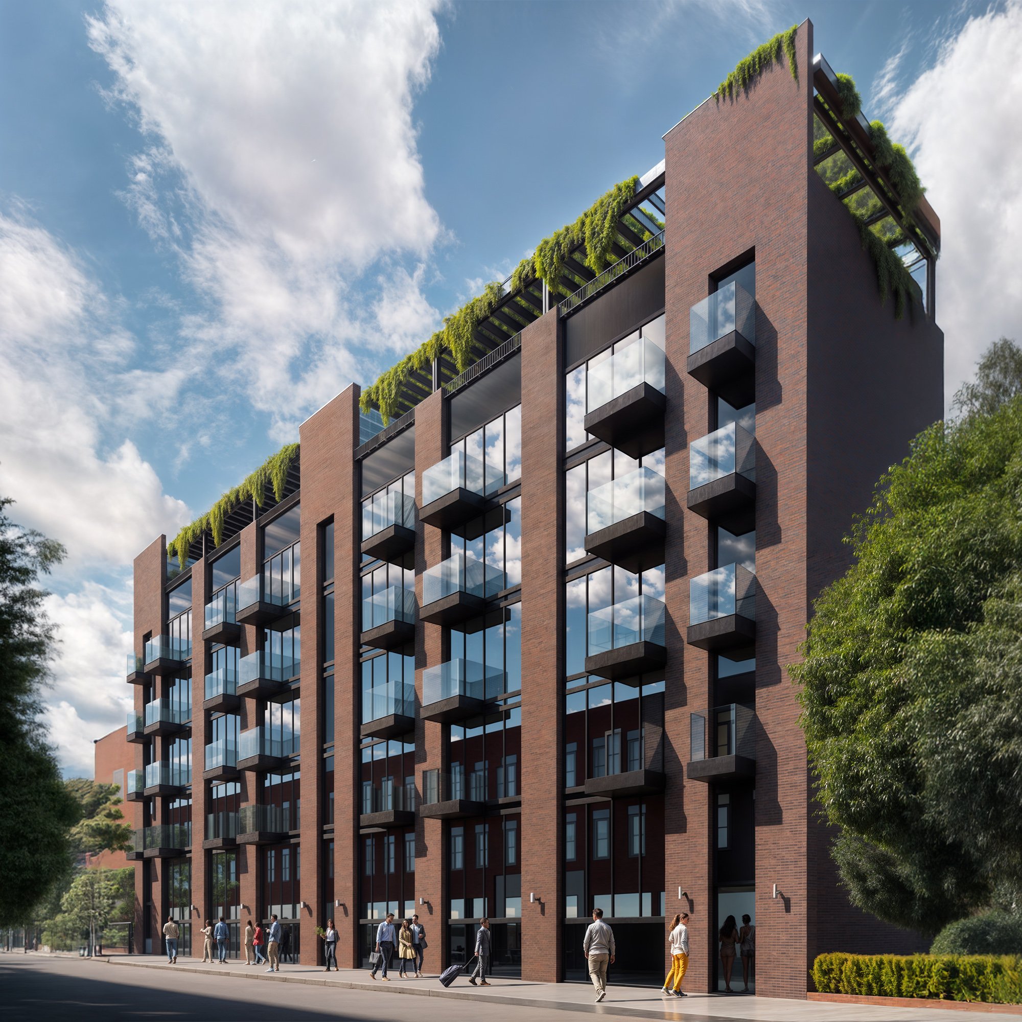 A modern brick apartment building with large windows and balconies, surrounded by greenery. The building features rooftop plants and people are walking on the sidewalk below.