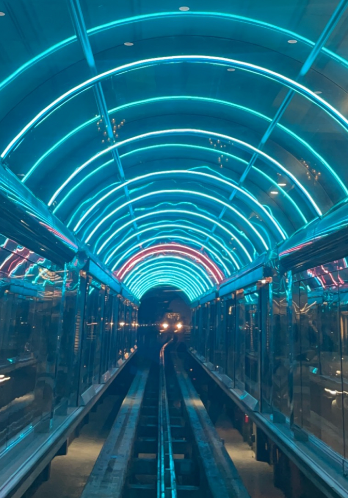 Neon-lit tunnel with blue and pink curved light strips overhead, leading to dark space in the distance.