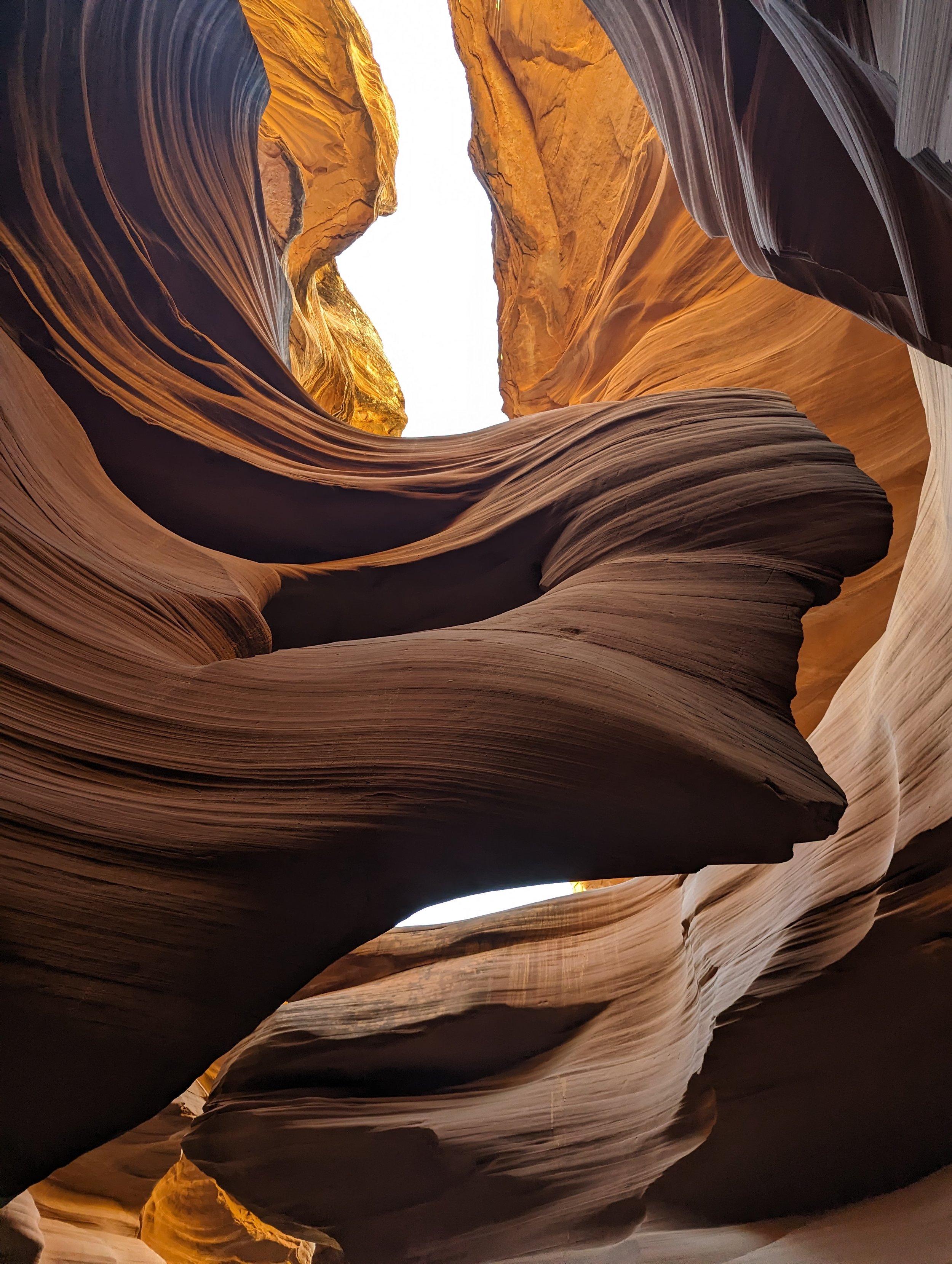 View of a narrow slot canyon with smooth, layered sandstone walls in shades of orange, brown, and tan, with light coming from above.