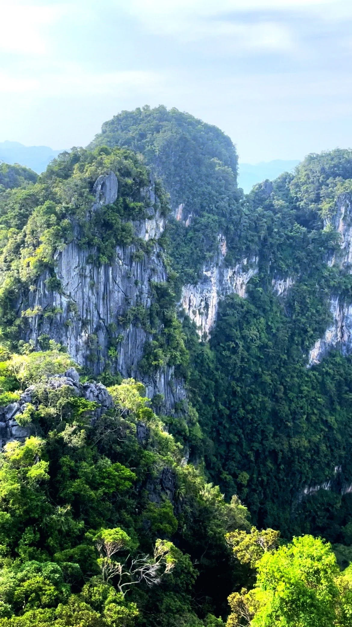 Lush green mountains with steep cliffs and dense forest.