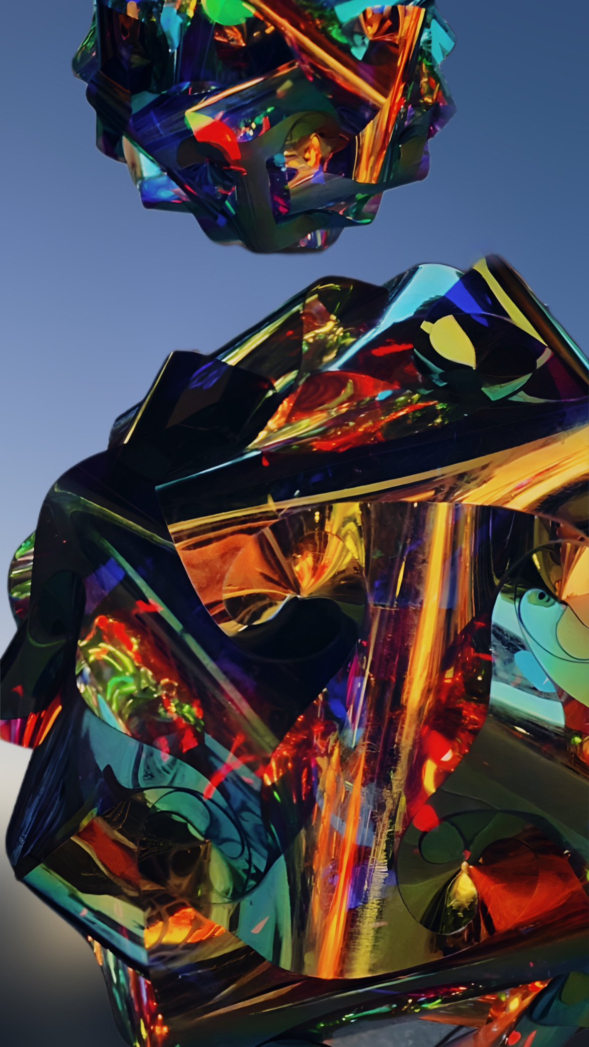 Close-up of a colorful, abstract sculpture with reflective, twisting surfaces under a clear sky.
