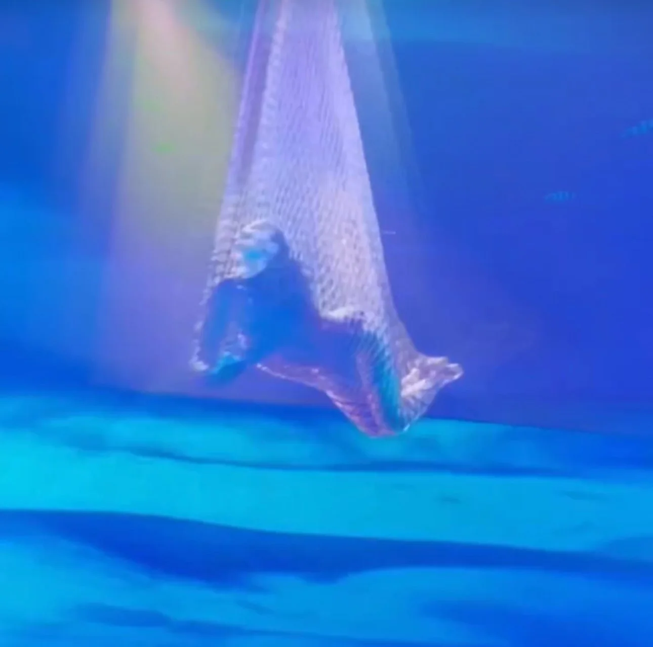 A person is inside a cloth hammock or net suspended above a blue surface with colorful lighting effects.