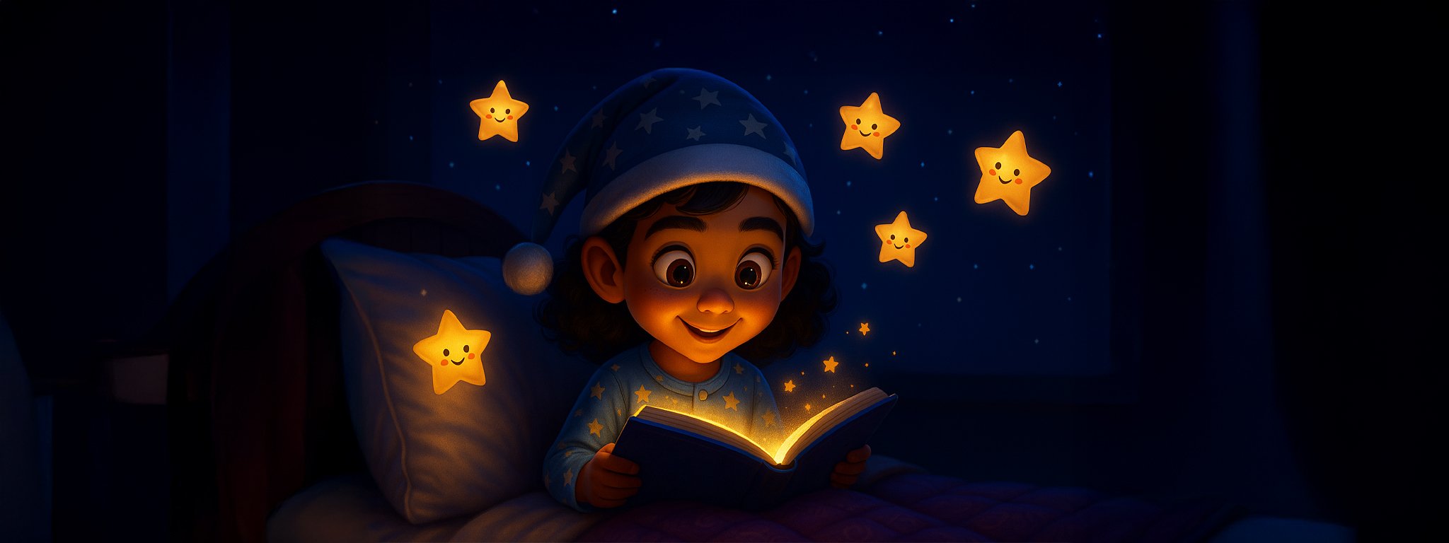 Bambina che legge un libro in camera al buio con stelle luminose e cotte che sorridono e brillano.