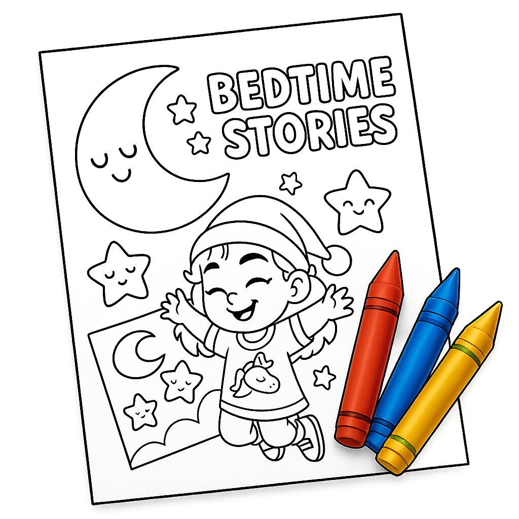 Pagina da colorare con il titolo "Bedtime Stories" e un bambino che indossa un berretto, circondato da stelle e una luna sorridente.