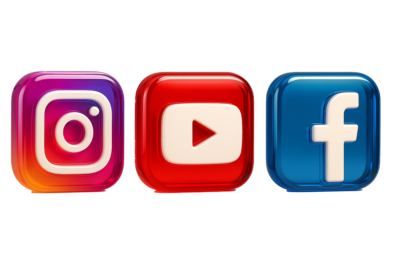 Loghi di Instagram, YouTube e Facebook in formato 3D colorato.