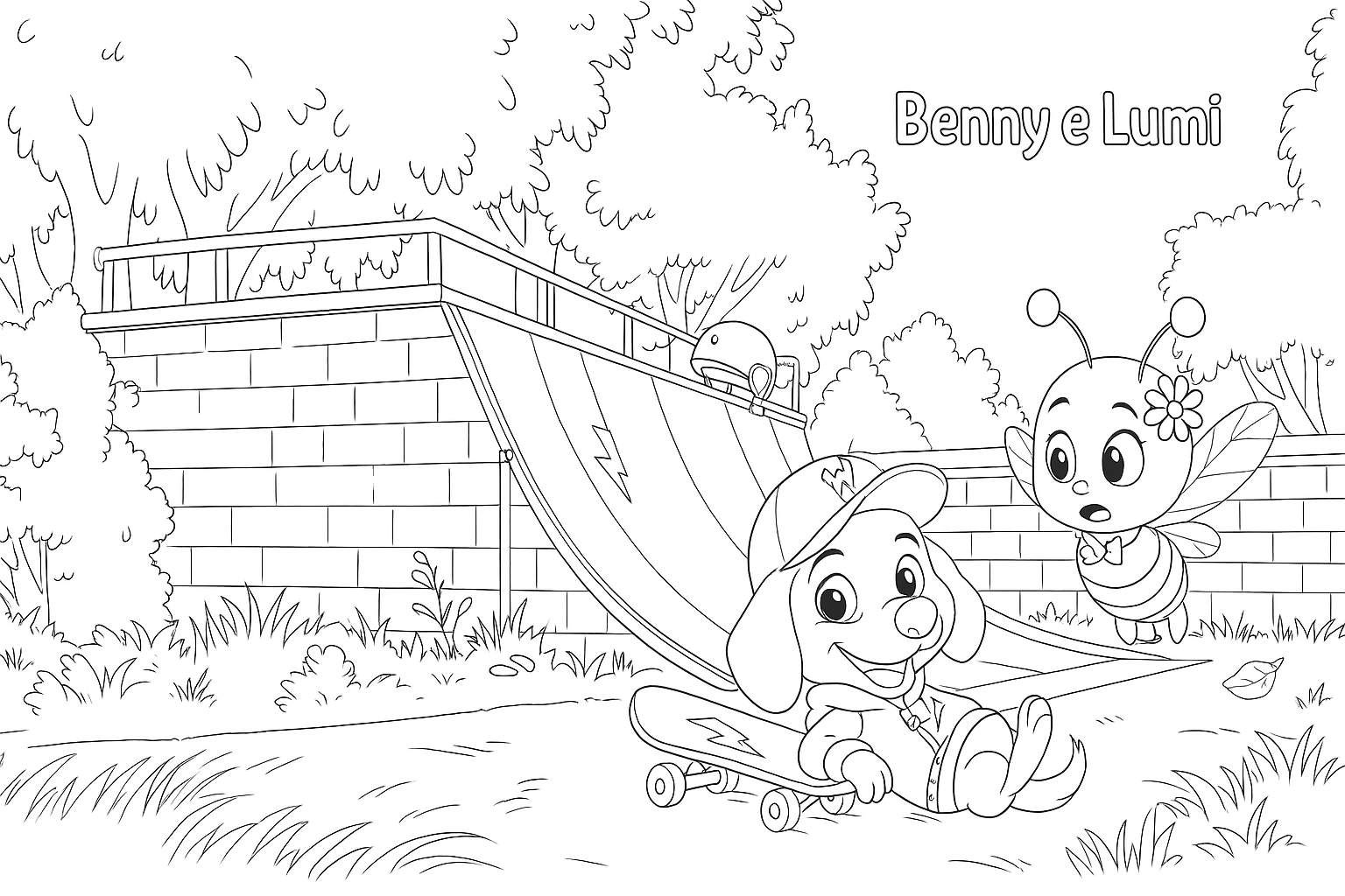 Pagina da colorare con due personaggi da bambini, un cane e una cicala, che giocano in un parco con un'altalena e alberi sullo sfondo, con la scritta "Benny e Lumi".