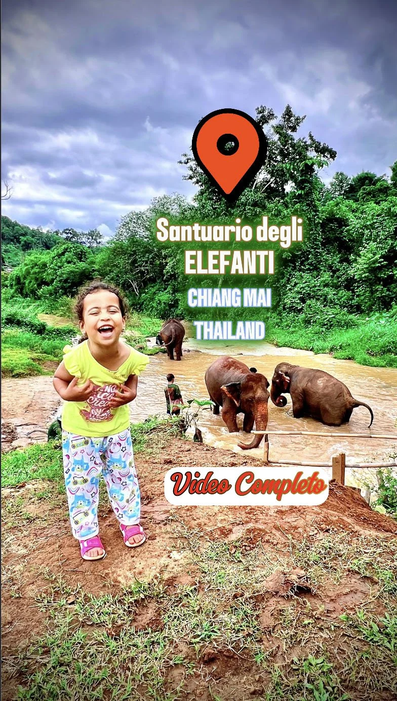 una bambina sorridente davanti a un habitat con elefanti che attraversano un fiume, in un'area naturale verde, con un cielo nuvoloso sullo sfondo