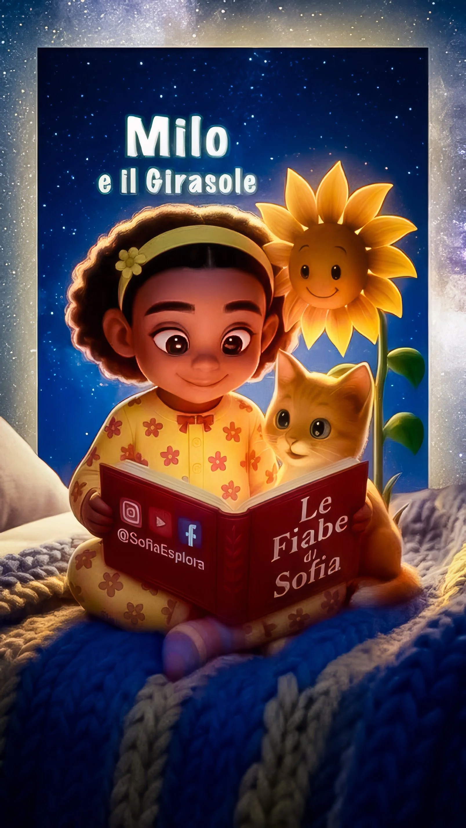 Illustrazione di una bambina con capelli ricci e un vestito giallo con fiori, seduta su una coperta, che legge un libro rosso intitolato "Le Fiabe di Sofia". Accanto a lei un gatto arancione e un fiore di girasole parlante sorridente. Sullo sfondo un