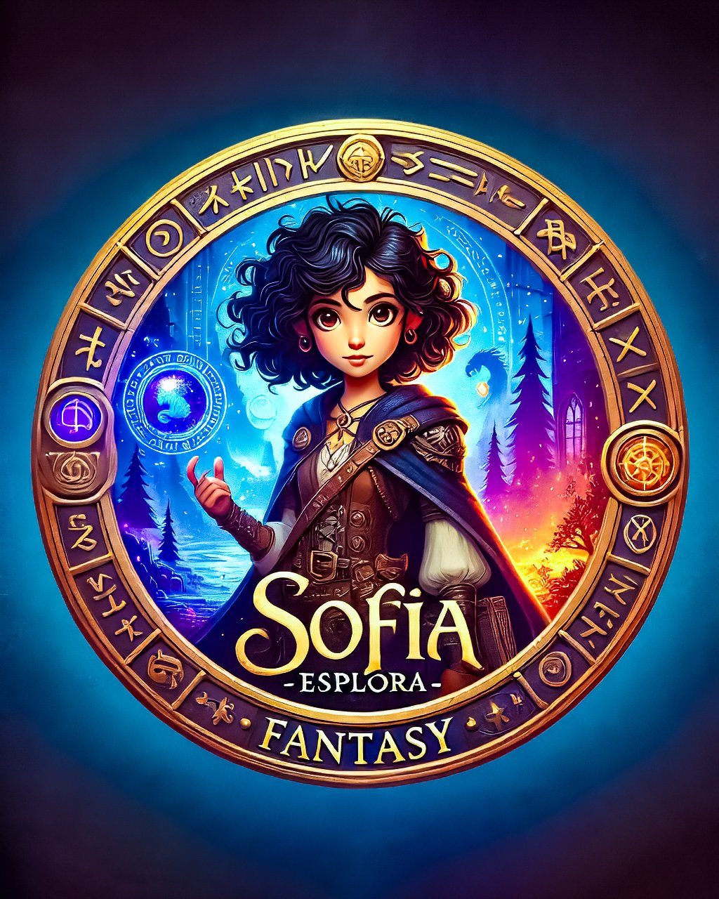 Illustrazione fantasy con una ragazza dai capelli ricci scuri al centro, circondata da simboli magici e un paesaggio naturale sullo sfondo. Testo "Sofia - Esplora - Fantasy" in evidenza.