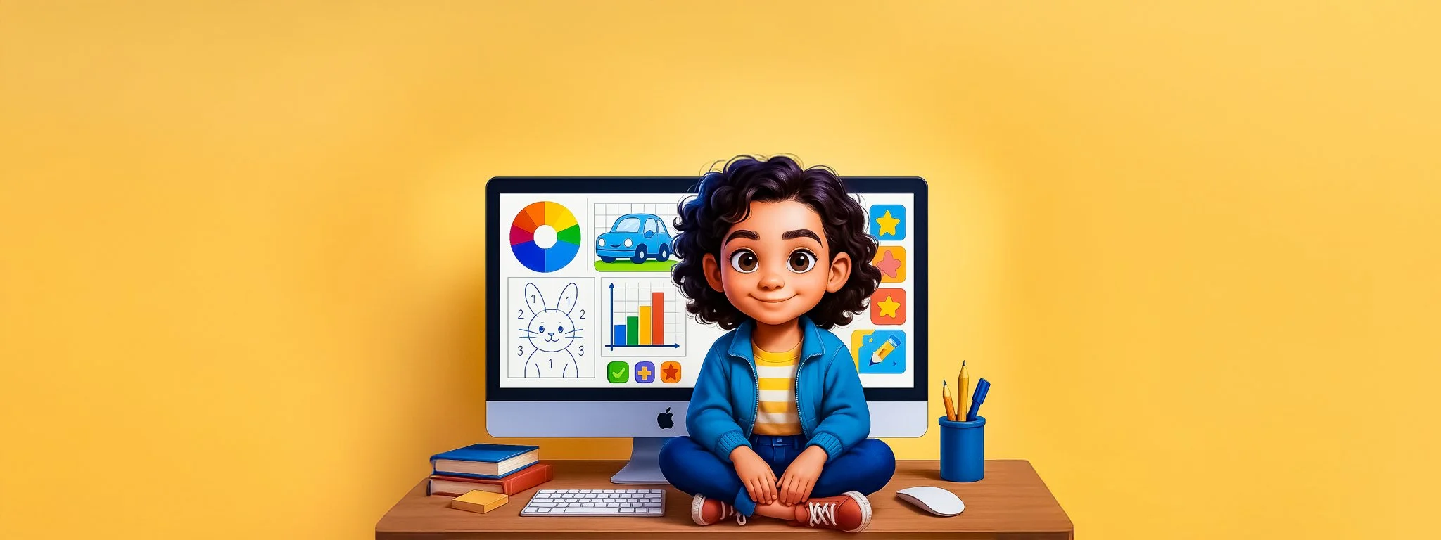 Illustrazione di una ragazza dai capelli scuri circondata da elementi creativi, tra cui un computer, libri, pennelli e appunti. La ragazza è concentrata e il contesto suggerisce un'attività di design o stampa. Testo sulla locandina include "Download Sofia Scaricabili" e "Ready to Print". Colori vivaci e atmosfera creativa.