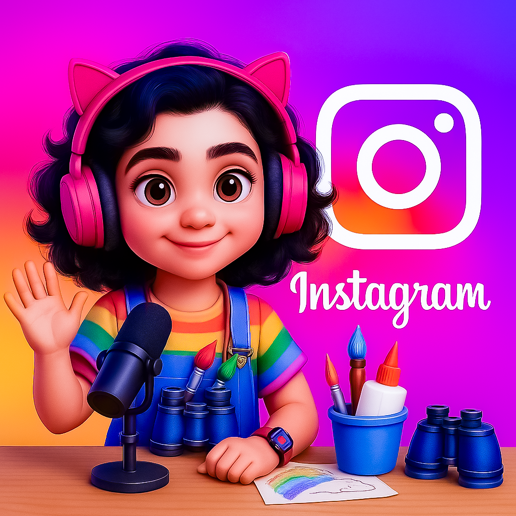 Una ragazza con capelli ricci, indossa cuffie a forma di orecchie di gatto rosa e una maglietta rainbow, mentre sorride e saluta davanti a uno sfondo colorato con il logo di Instagram.