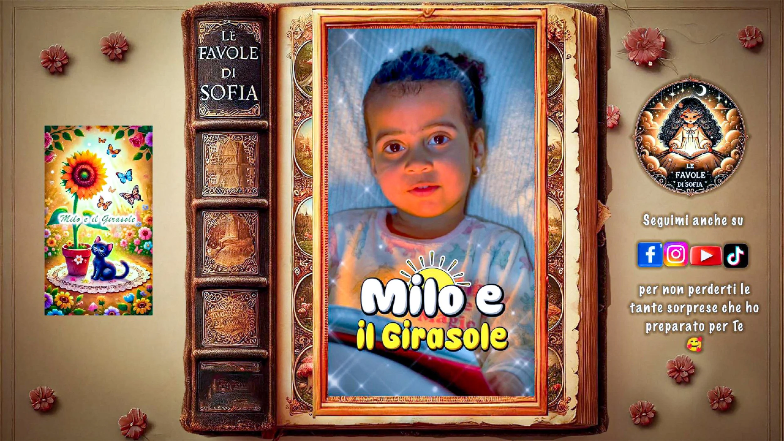 Immagine di una copertina di un libro per bambini intitolato "Milo e il Girasole" con una foto di una bambina a colori, circondata da decorazioni floreali e social media per seguire anche su Facebook, Instagram, YouTube e TikTok.