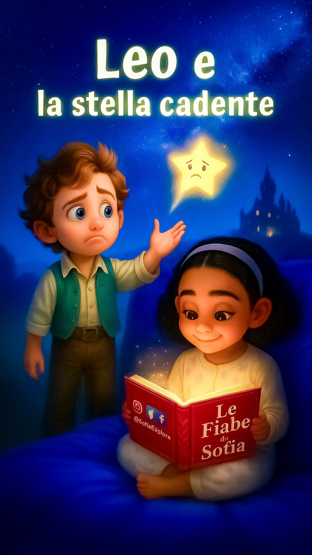 Copertina di un libro illustrato con due bambine, una che tiene in mano un libro che si chiama 'Le Fiabe da Sofia' e l'altra che punta a una stella triste nel cielo. Sullo sfondo un castello illuminato di notte con una costellazione di stelle.