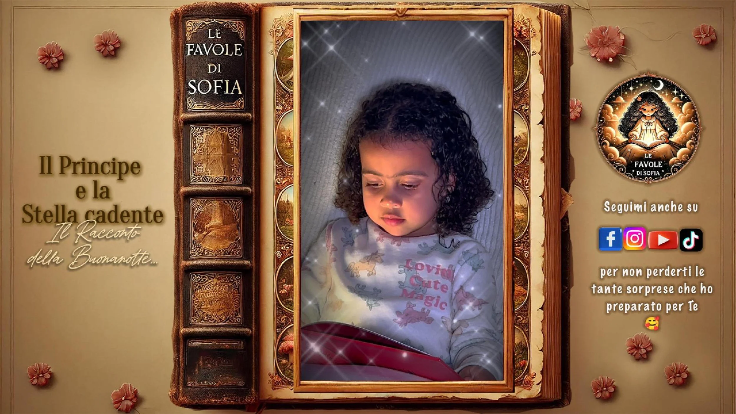 Foto di una bambina dai capelli ricci che legge un libro, decorato con elementi fantasiosi e effetti di luce.